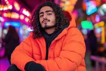 Obraz premium Young hispanic male in vibrant urban setting wearing orange jacket at night.
