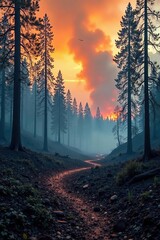 Fototapeta premium Scorched forest landscape with smoke billowing into atmosphere, smoke, devastation