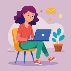 a girl is using his laptop vector