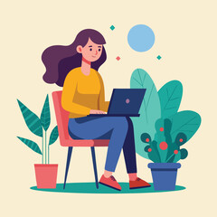 a girl is using his laptop vector