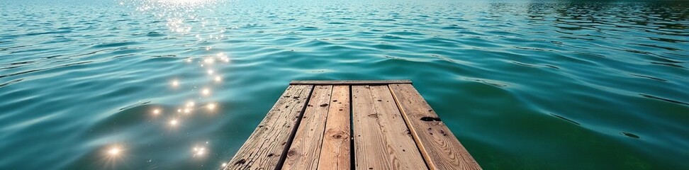 Fototapeta premium Sparkling water on weathered wooden boat slips, calm, boat, serene