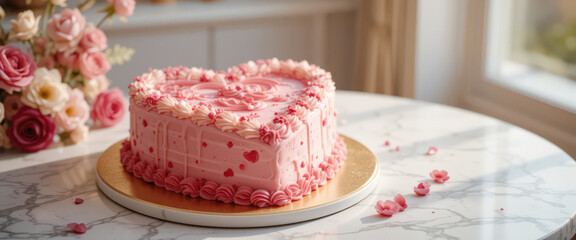 Naklejka premium Heart-shaped pink cake with floral decor on marble table.