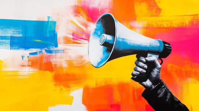 Vibrant illustration of a hand holding a megaphone against a colorful abstract background, symbolizing communication and expression