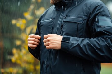 Rainy day with male adjusting black waterproof jacket in outdoor setting.