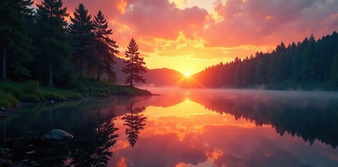 Reflections of trees in a forest lake at sunset, , reflection