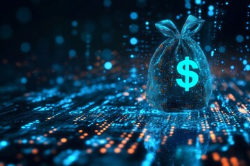 Futuristic digital money bag  floating dollar sign surrounded by glowing data points and numbers