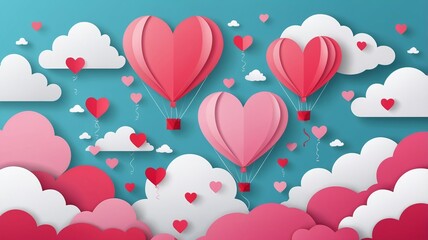 illustration of love and valentine day with heart baloon, gift and clouds. Paper cut style. Vector illustration