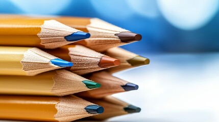 Vibrant Colored Pencils Stacked on White Surface with Blurred Background