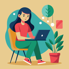 a girl is using his laptop vector