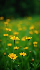 Obraz premium Yellow wildflowers in a dense dark green meadow, yellow, natural