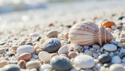 Icy seashells and pebbles on snow-dusted beach, serene beauty
