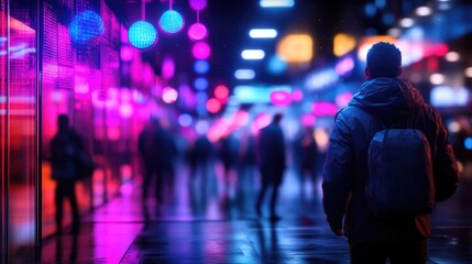Naklejka premium Night City Wanderer: A Solitary Figure Amidst Vibrant Neon Lights