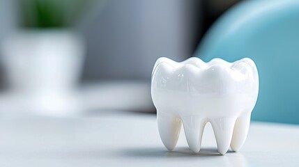 Healthy tooth model on dentist's desk, blurry background