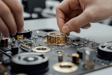 Close up of hands placing hyperloop cap on black and gold motherboard with cooling components