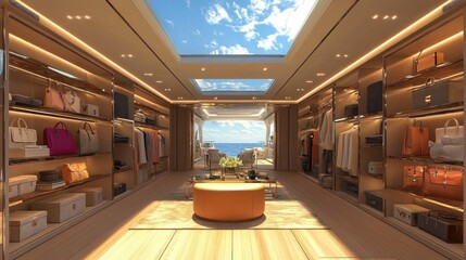 Luxurious yacht walk-in closet with ocean view
