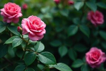 Overlapping leaves forming a border around a blooming rose bush, nature, leaves