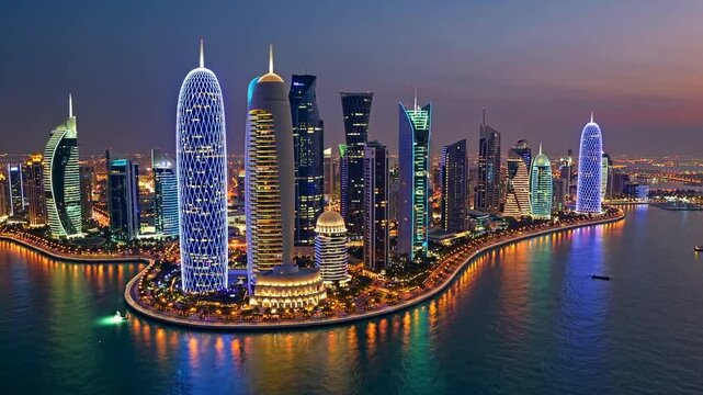 A breathtaking 4K ultra-HD aerial stock video capturing the stunning skyline of Qatar&rsquo;s capital, Doha, showcasing its futuristic skyscrapers, luxurious waterfront, and vibrant urban energy. 