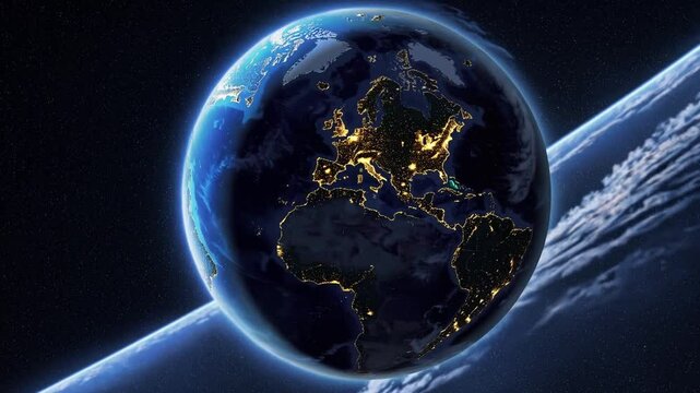 A breathtaking 4K ultra-HD stock video capturing a stunning panoramic view of planet Earth from space, showcasing glowing city lights scattered across continents beneath a soft layer of illuminated cl