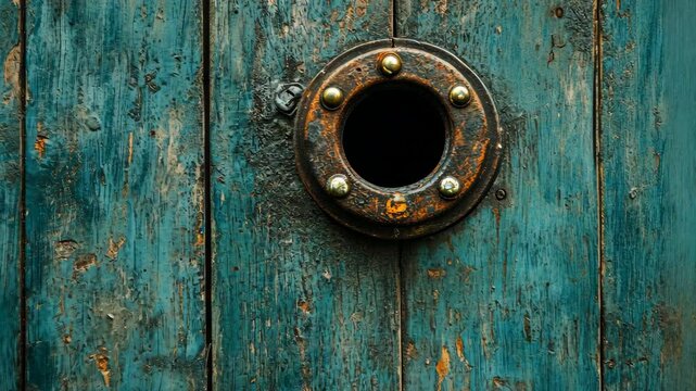 Weathered wooden door with circular metallic peephole in a rustic setting