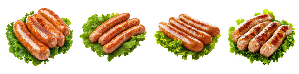 Sausage with lettuce isolated on transparent background, PNG, Set of