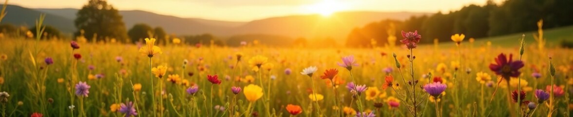 Obraz premium Sun-kissed field of tall grasses and colorful flowers, warm light, solata campo, photogenic fields