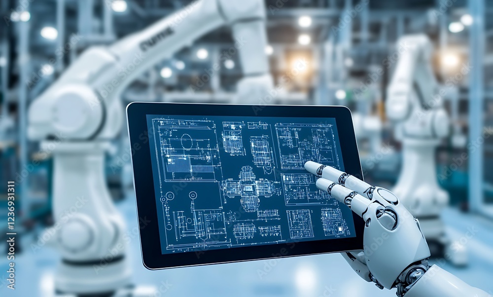 Poster robotic arm interacts with a tablet displaying factory blueprints in a modern factory setting.
