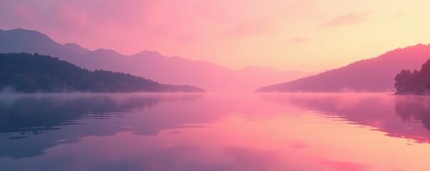 Obraz premium Calming lake scene with a smooth gradient of pink to orange hues, serene, gradient, warm