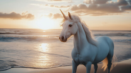Enchanting white unicorn standing on the beach at sunset, perfect for fantasy book covers, magical-themed posters, and inspirational content highlighting wonder and imagination