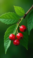 Obraz premium Small bright red berries on a green leafy stem, leaves, dammeri, berries