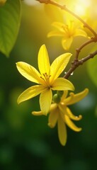 Fototapeta premium Sunlit yellow ylang ylang Cananga odorata flowers on tree branches, morning dew, tree blooms, green leaves
