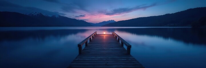 wooden pier stretching across calm lake surface at night, calm, darkness, night