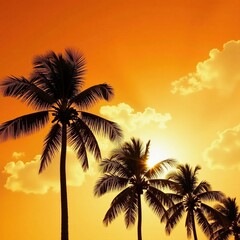 Obraz premium Palm trees against a bright orange sky with clouds, warm_light, soft_focus