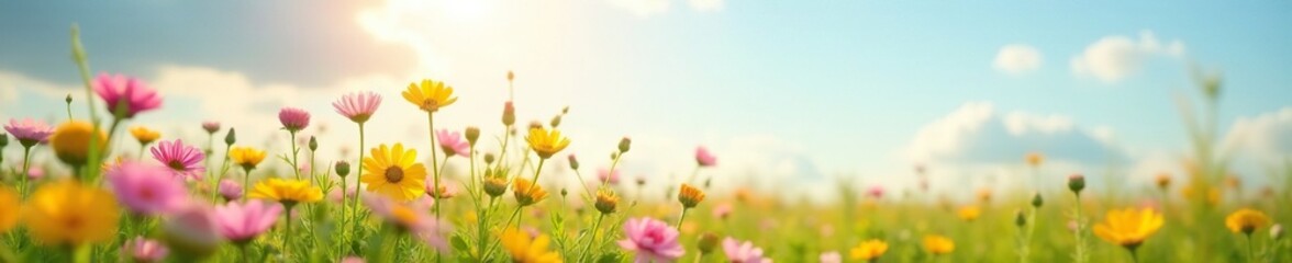 Obraz premium Soft focus of wildflowers against a serene summer sky, sunlight, meadow, fields