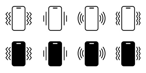Phone vibration icon set, ringtone symbols, phone vibration signs in solid and line style
