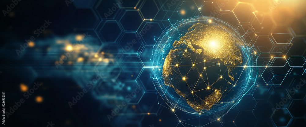 Aufkleber Global network connections glowing over the world map with a digital hexagon grid, symbolizing technology, digital communication, and the interconnected world.
