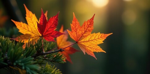 Fototapeta premium Dry and colorful autumn leaves on a wooden fir branch, foliage, bare