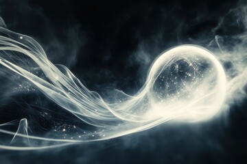 Ethereal glowing sphere surrounded by swirling mist and light in cosmic backdrop