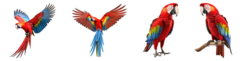 Fototapeta premium Scarlet macaw isolated on transparent background, PNG, Set of