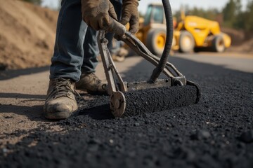 Obraz premium a man is using a roller to pave a road