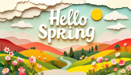 Hello spring: vibrant floral landscape for seasonal greetings design