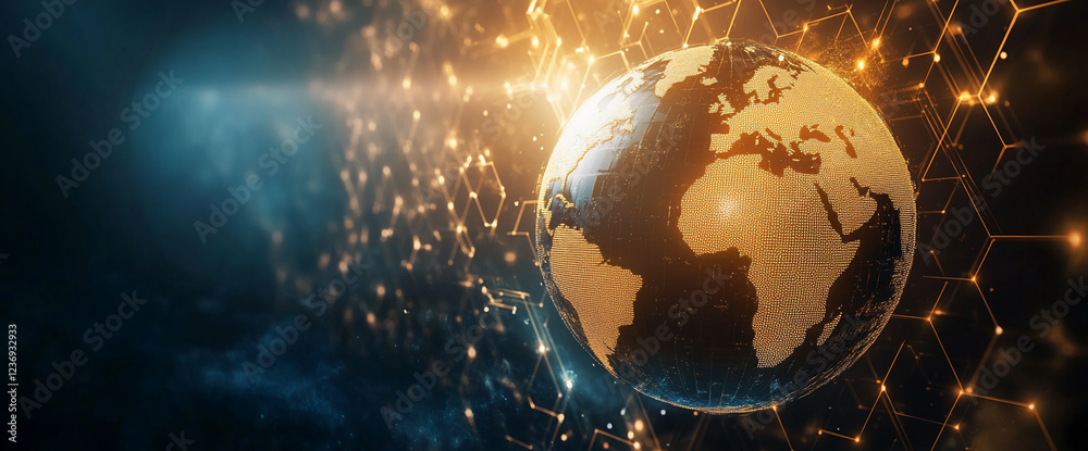 Aufkleber Global network and digital world map with a glowing 3D globe, connected with bright lines, representing global connectivity, technology, and data flow in a futuristic setting.