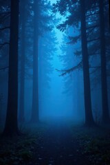 Glowing blue mist wraps around a mystical forest, darkness, ambiance