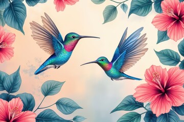two hummingbirds flying over pink flowers