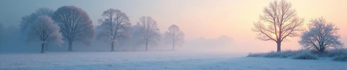 A frosty morning scene with bare trees and a light mist, calm, tranquil, light mist