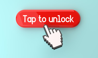 Red click on the Tap to unlock banner on top of the web button. Pixel click hand and internet advertising concept. 3D rendering