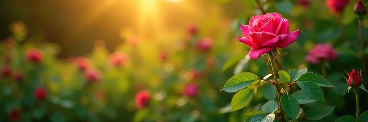 Obraz premium Rose stems and leaves in a wild rose bush with sunlight filtering through, garden, greenery