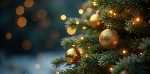 Sparkling gold decorations draped around the branches of a Christmas tree, gold, decorations, frosty