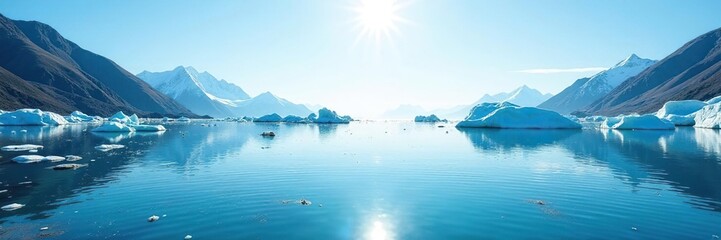 Shimmering blue lake with scattered icebergs and sunlight, Chill, Lake, Sunlight
