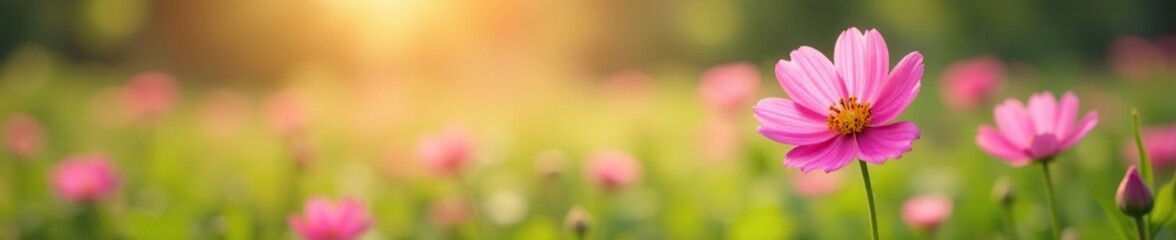 Soft focus on pink flowers blooming in a lush meadow, gentle, pink flowers