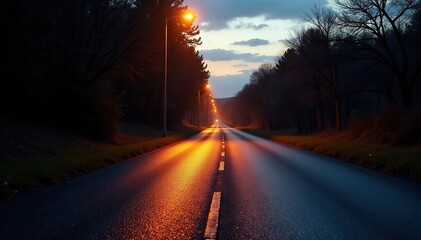 Fototapeta premium Streetlight casts long shadows on the wet asphalt at dusk, light, evening, water